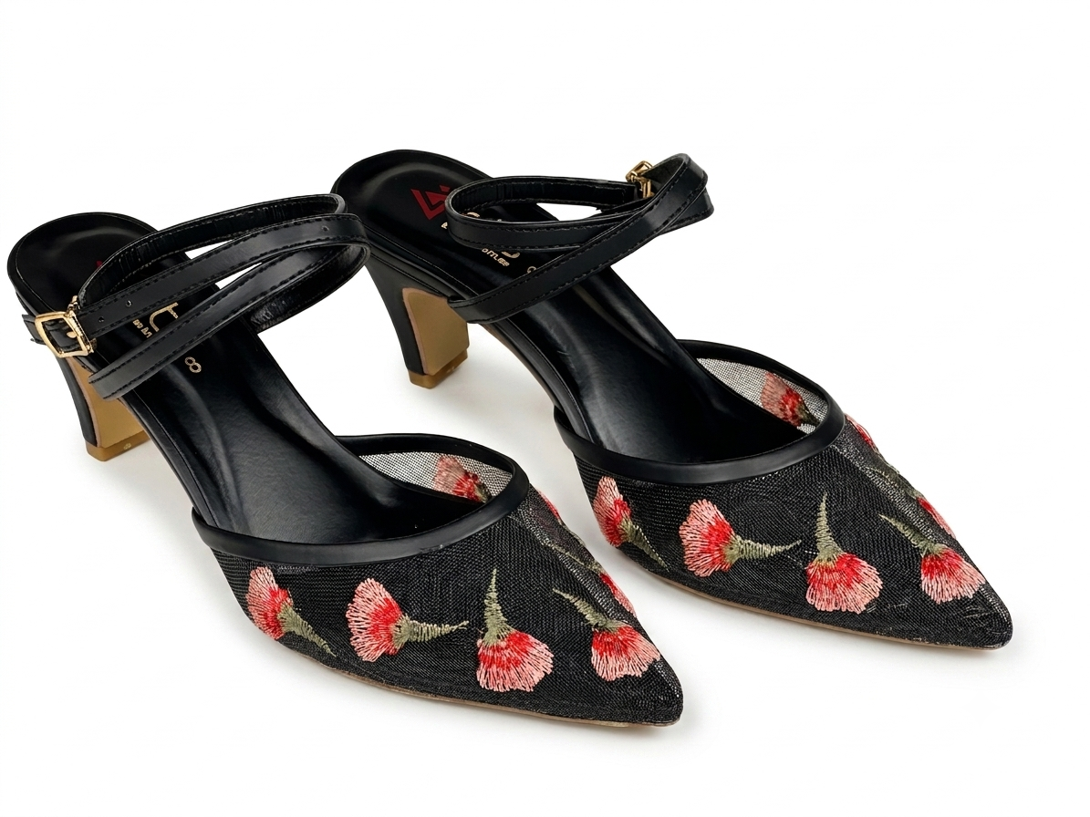 Floral Embroidered Mule — Black