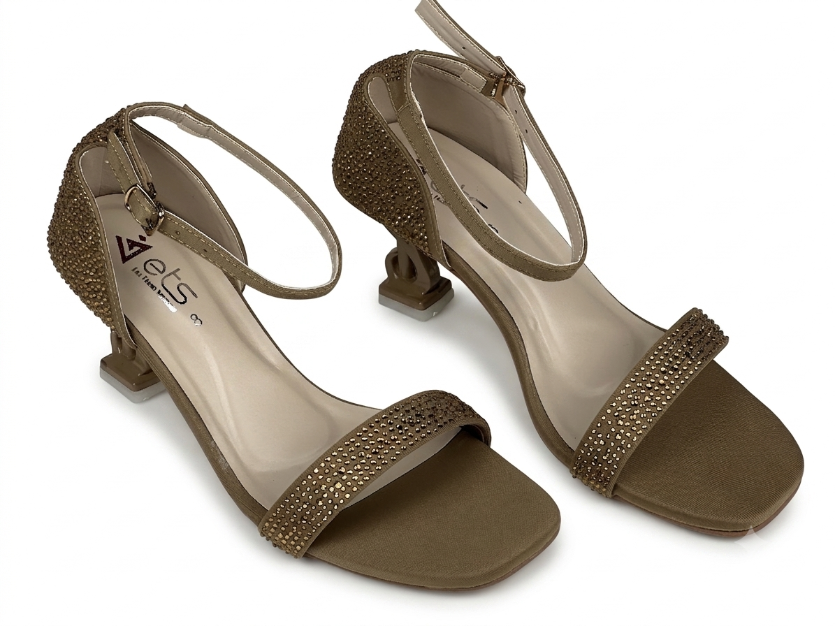 Rhinestone Bow Ankle-Strap Heel Sandal — Gold