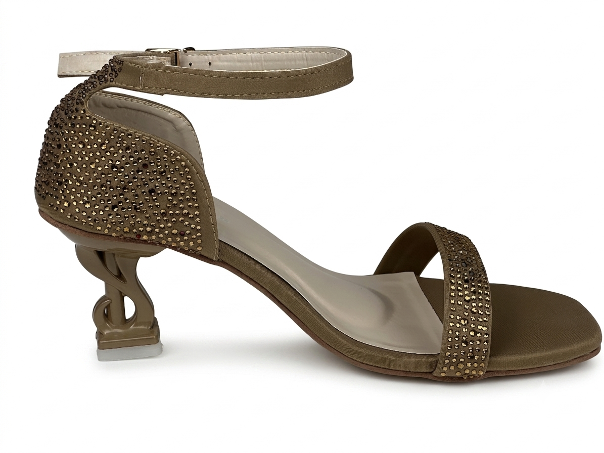 Rhinestone Bow Ankle-Strap Heel Sandal — Gold