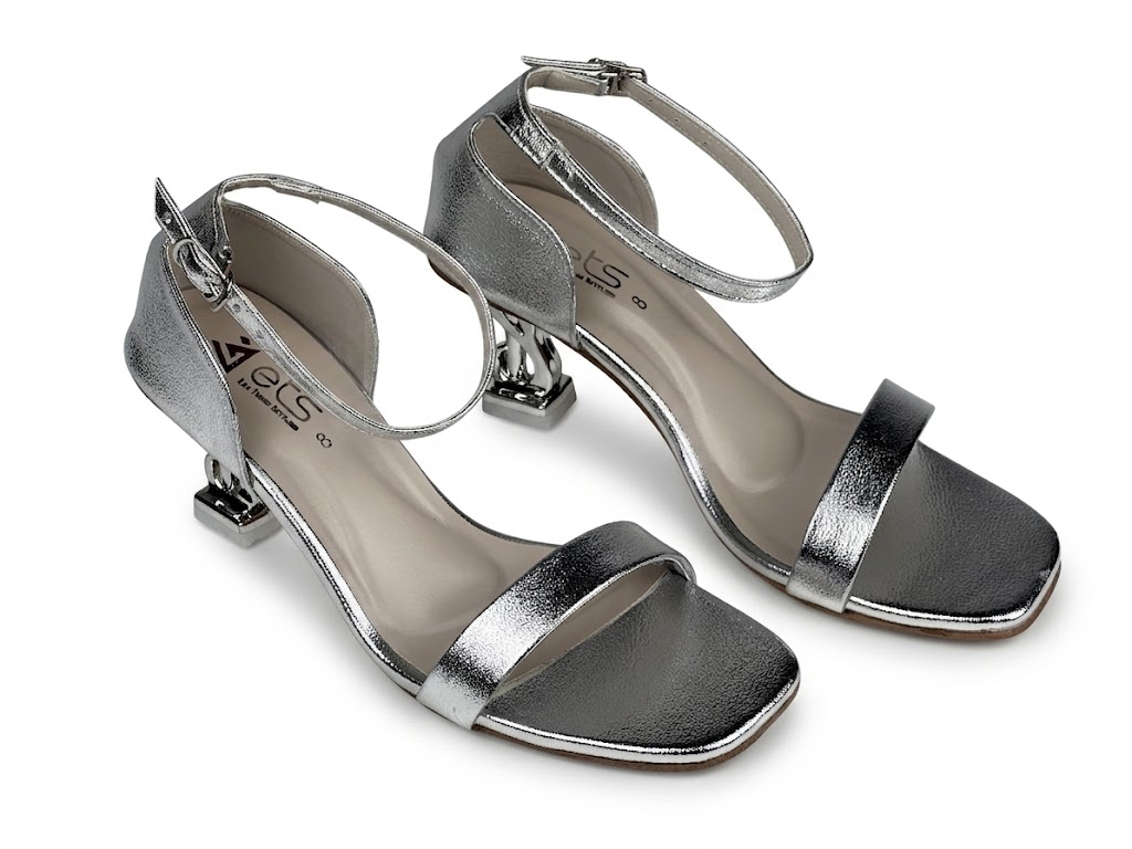 Chain-Heel Ankle-Strap Sandal — Gunmetal