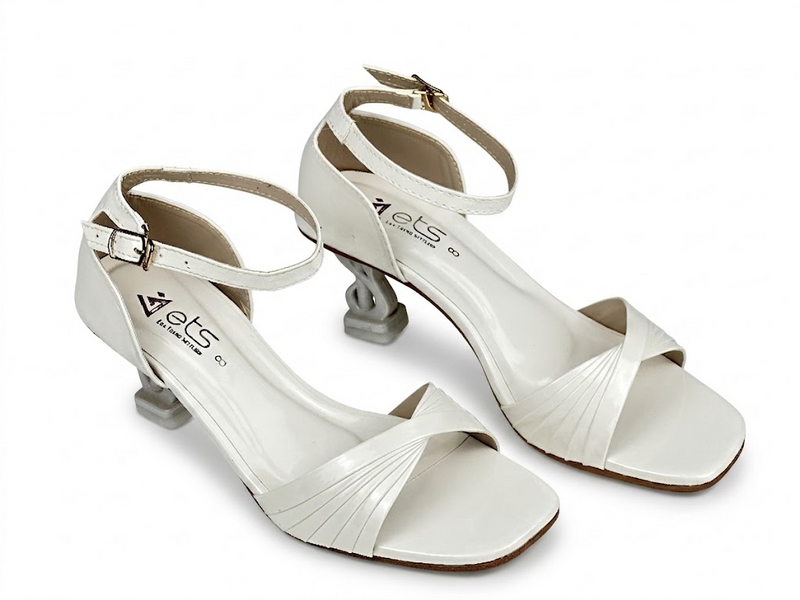Pleated Crossover Chain-Heel Sandal — White