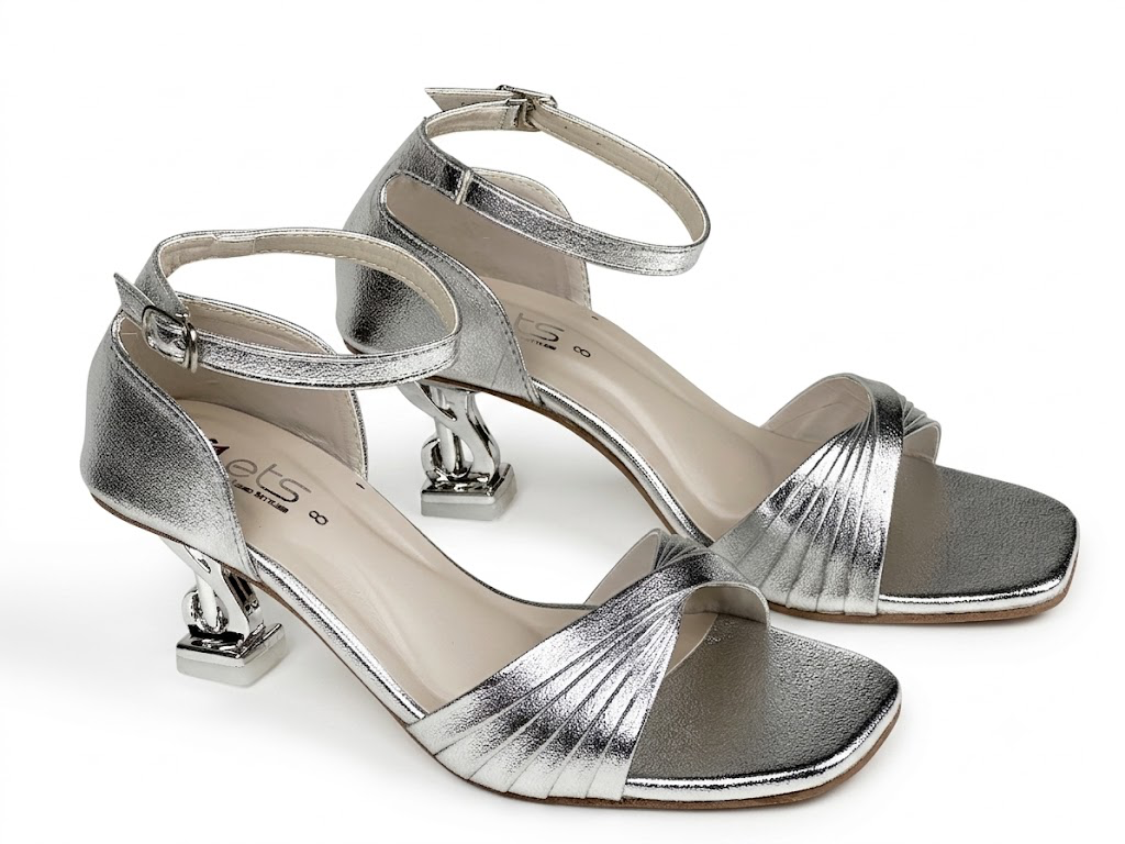 Pleated Crossover Chain-Heel Sandal — Silver
