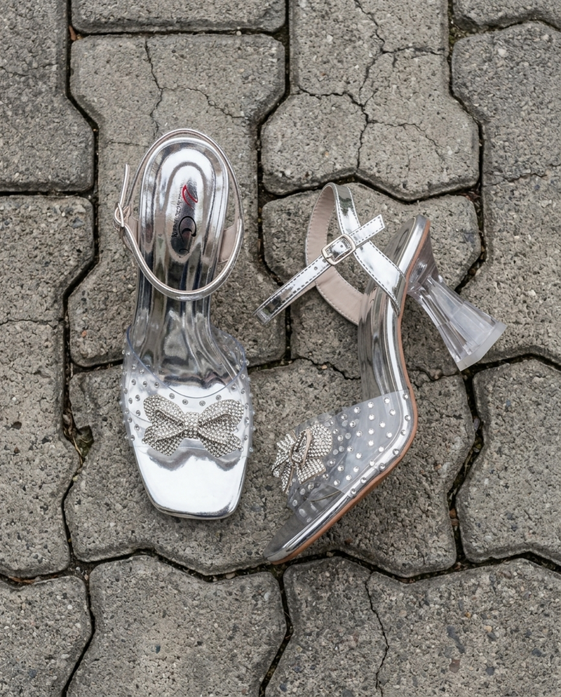 Rhinestone Bow Ankle-Strap Heel Sandal — Silver