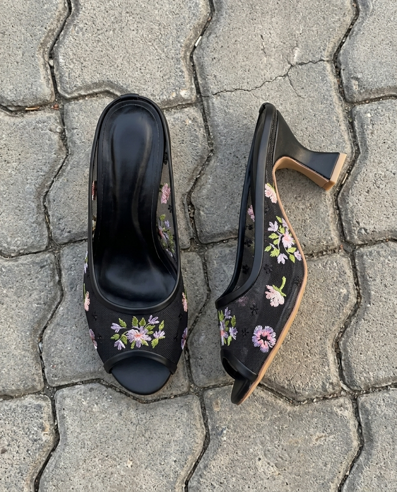 Black Floral Mesh Peep-Toe Mule - Purple Floral